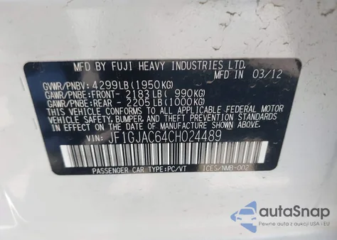 2012 Subaru Impreza 2.0I Premium from USA, damaged, VIN JF1GJAC64CH024489